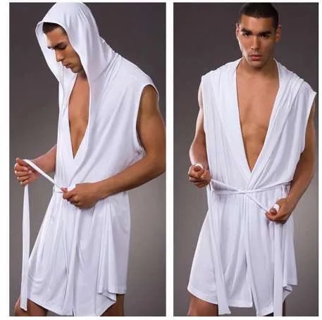 Sexy Men Summer Ice Silk Robe Gown Male Bathrobe Nightgown Mens Sleeveless Hooded Robes Black White Gray Coffee Nightgown From Desmit 1 034.5 DHgate.Com