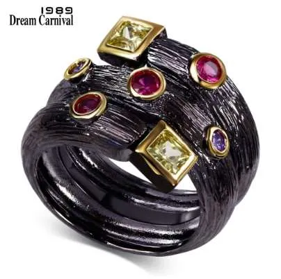 DreamCarnival 1989 Bague Hip Hop Gothique pour Femme Olivine Fuchsia Zircon Lunette Noir Or Couleur Vintage Bijoux Fiançailles Anillos