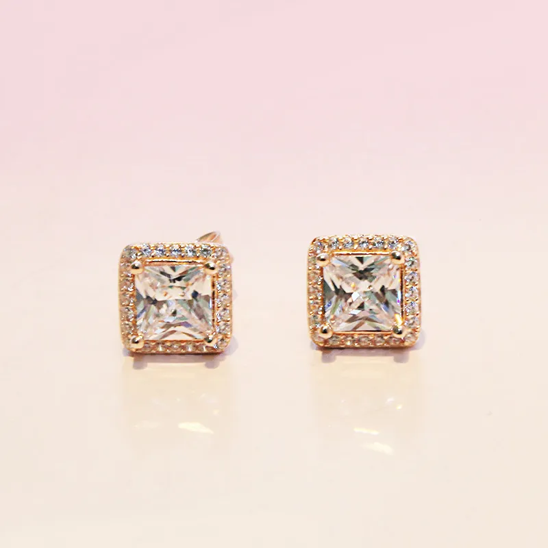 Orecchini in argento sterling 925 quadrati con diamanti CZ grandi adatti a gioielli Pandora Orecchini a bottone placcati in oro rosa Orecchini da donna