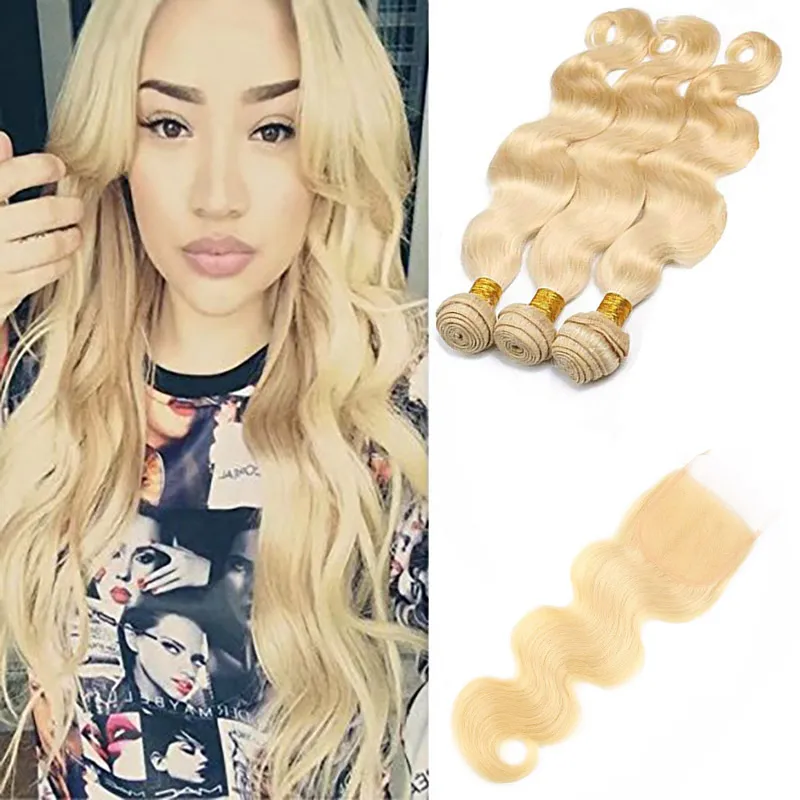 Malaysische unverarbeitete menschliche Harnkörperwelle 3 Bundles mit 4X4-Spitzenverschluss 613# Blonde Jungfrau-Haarverlängerungen mit 4X4-Verschluss Babyhaar