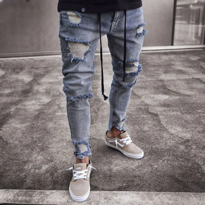 Jeans da uomo con cerniera skinny con buco da motociclista strappati alla moda 2018 Nuovi pantaloni lunghi in denim slim fit sfilacciati distrutti