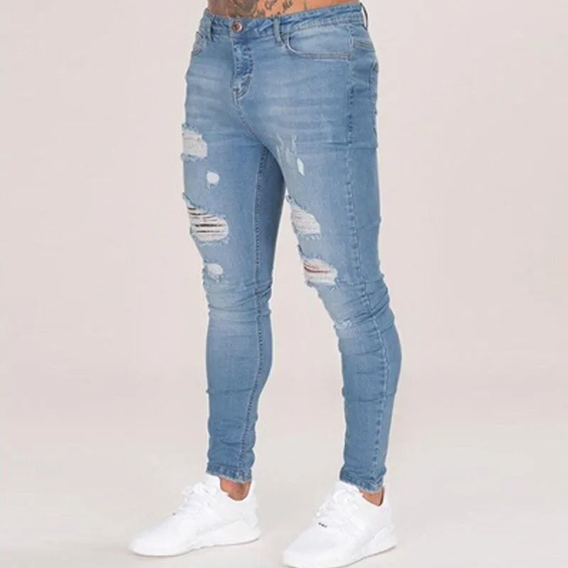 Jeans finos de verão, roupas masculinas rasgadas de moda preta azul jeans roupas de calça longa