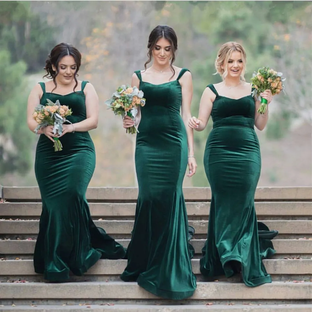 Robes de demoiselle d'honneur en velours vert foncé avec bretelles sirène longue Designer pays mariage invité fête robe de bal pas cher nouveau 2018