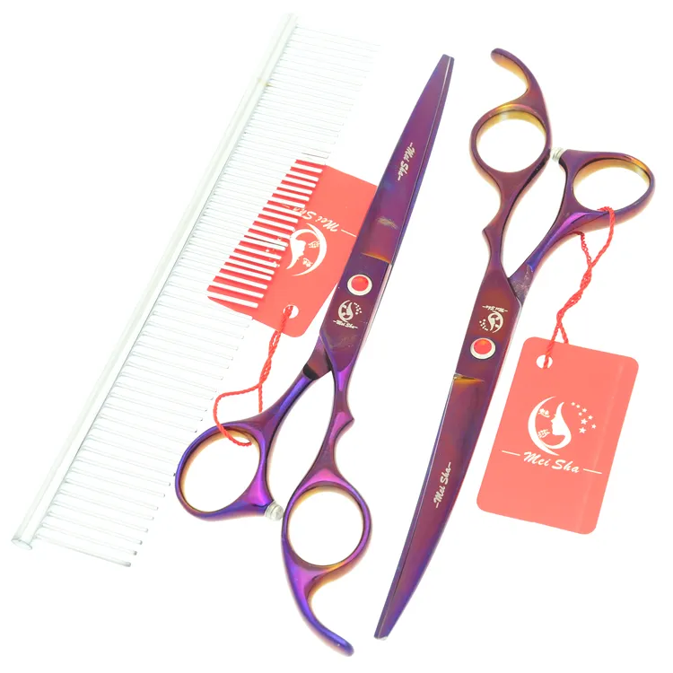 7.0Inch Meisha Japan 440c Purple Pet Grooming Shears Set Big Cutting Scissors Thinning Clippers Curved Tijeras Puppy Supplies HB0108