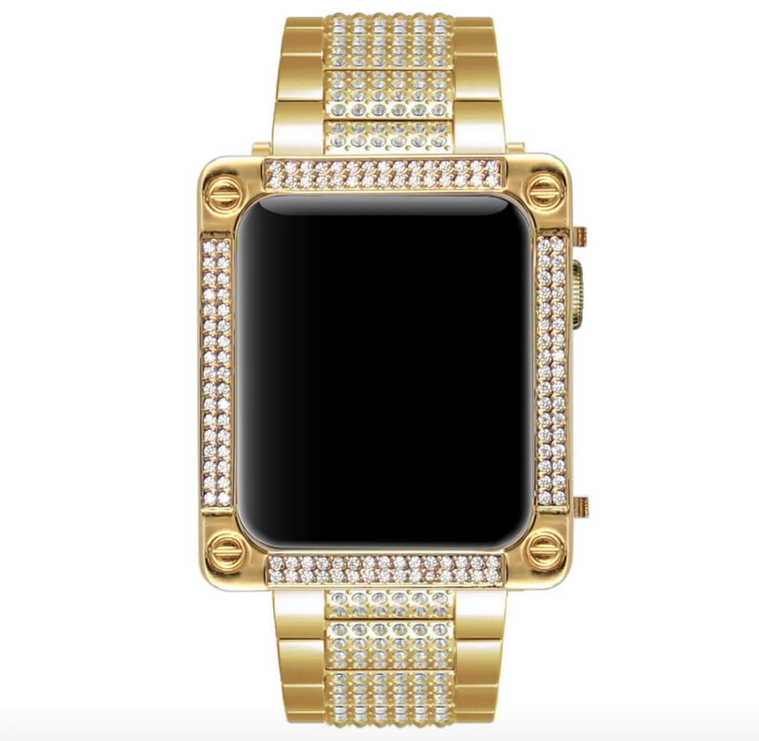 38mm 42mm Bling Bling Full Diamonds Golden Watch Strap+ Golden Diamonds Bezel Case for Apple Watch S1/S2/S3 (2in1 Set)