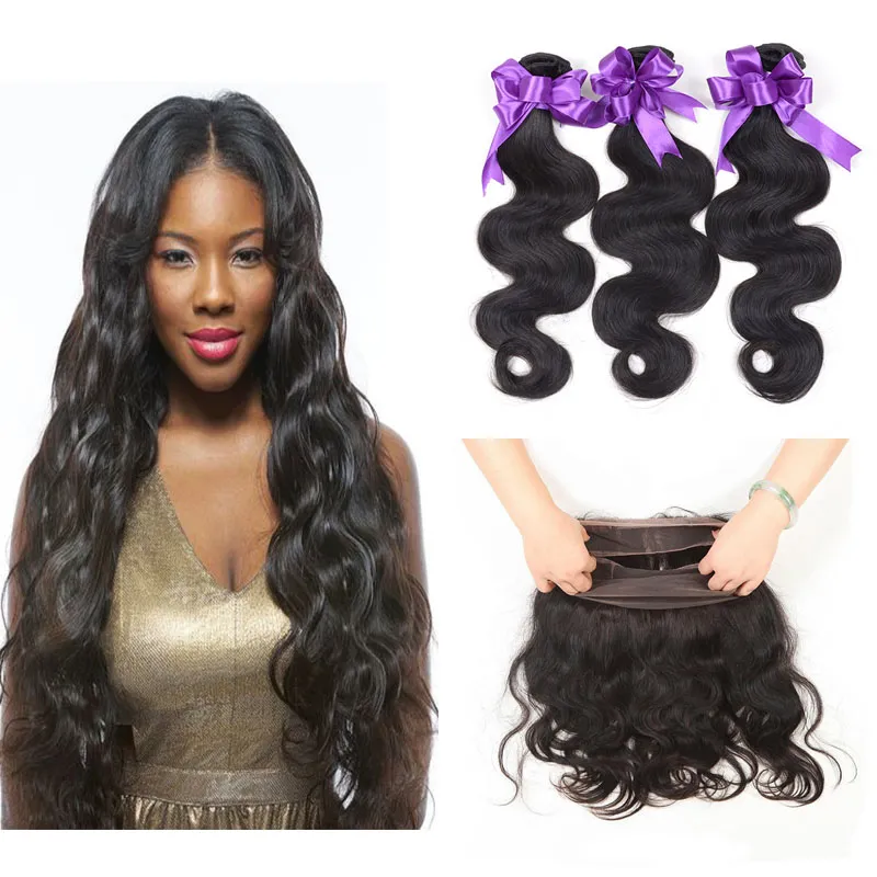 Body Wave Human Hair Bundles With 360 Lace Frontal Brazilian Virgin Hair 360 Lace Frontal With 3 Bundles Hair Extension Natural Black Color