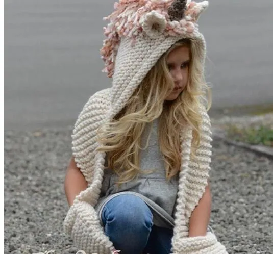 Barn Unicorn Scarf Cap 2 i 1 barn Spädbarn Varma stickade hattar varmare vinter beanie hatt tofsels lock