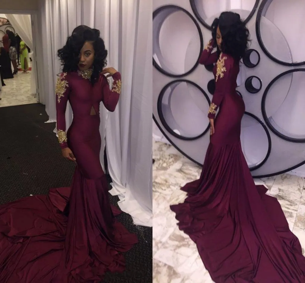 Wine Red Mermaid Prom Dresses Sexy South African Gold Appliques Burgundy Long Formale Abito da sera da sera su misura per le dimensioni personalizzate