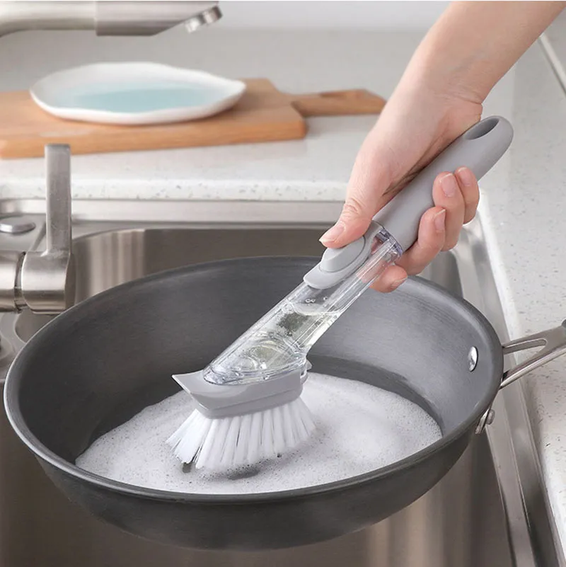 Kitchen Long Handle Cleaning Brush Scrubber Washing Dish Bowl With Refill Liquid Soap Dispenser Free 3 Sponges Pot Cleaner Wash Tool