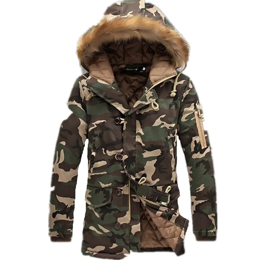 Nieuwe Winterjack Heren en Dames Mode Camouflage Patroon Lange Liefhebbers Jas Dikke Casual Hooded Bont Collar Katoenen Jassen