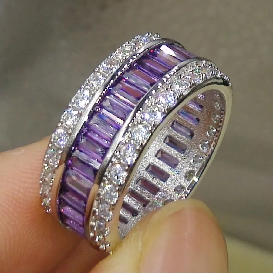 Rozmiar 5/6/7/9/9/10 musujące luksusowa biżuteria 10kt białe złoto wypełnione Plac Placu Amethyst CZ Crystal Kobiety Wedding Finger Ring Prezent z pudełkiem