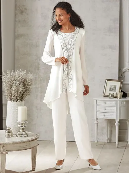 Mode Perlée Mère De La Mariée Pantalon Costumes Jewel Cou Paillettes Robe D'invité De Mariage Formelle Avec Vestes Plus La Taille Mères Marié 282W