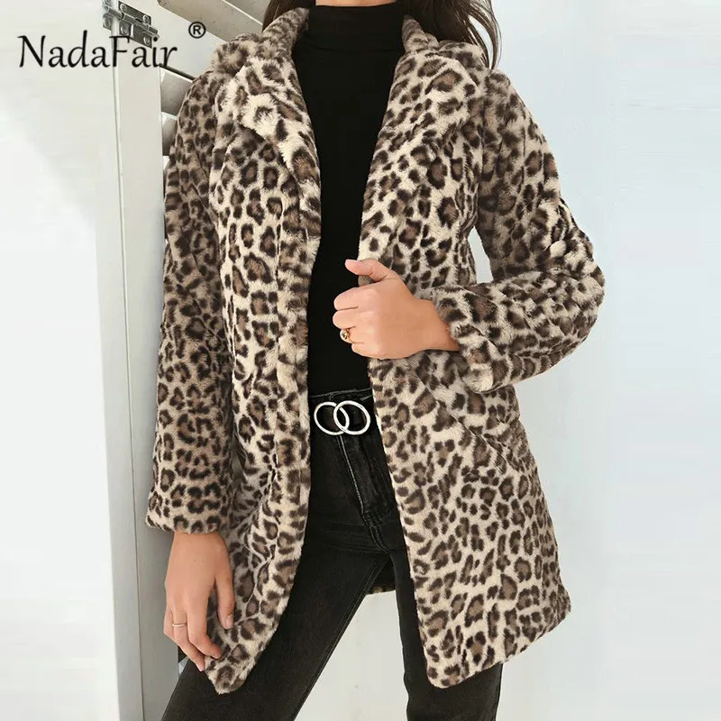 Nadafair 2018 fashion leopard print faux fur long coat women winter thick warm soft plush jacket coats female vintage outerwear