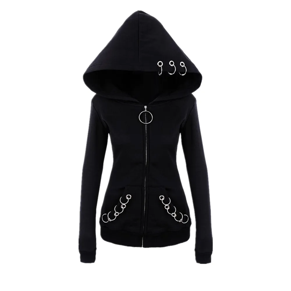 Frauen Punk-Stil 2018 Herbst Winter schwarz Fleece Hoodie Sweatshirt Eisen Ringe Reißverschluss mit Kapuze coole dunkle Gothic Hoodies