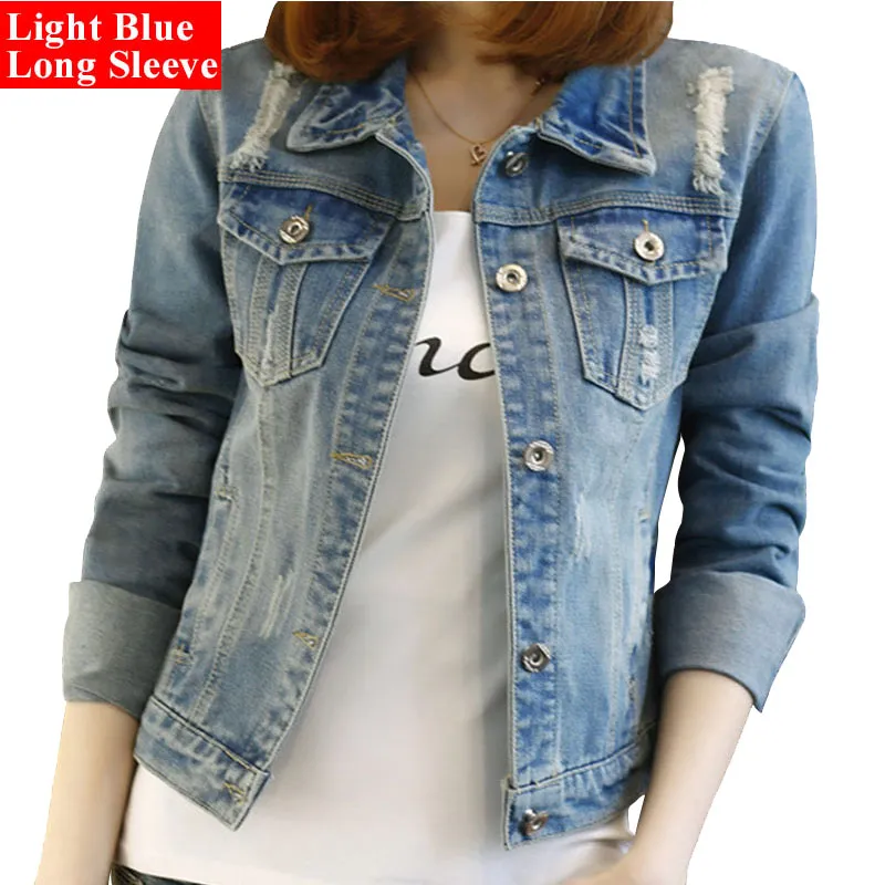 Light Blue Cropped Denim Ladies Summer Jackets For Women Plus Size Casual Ripped Bomber Style 3 4 Sleeves Available In 4XL And 5XL From Paluo 18.62 DHgate.Com