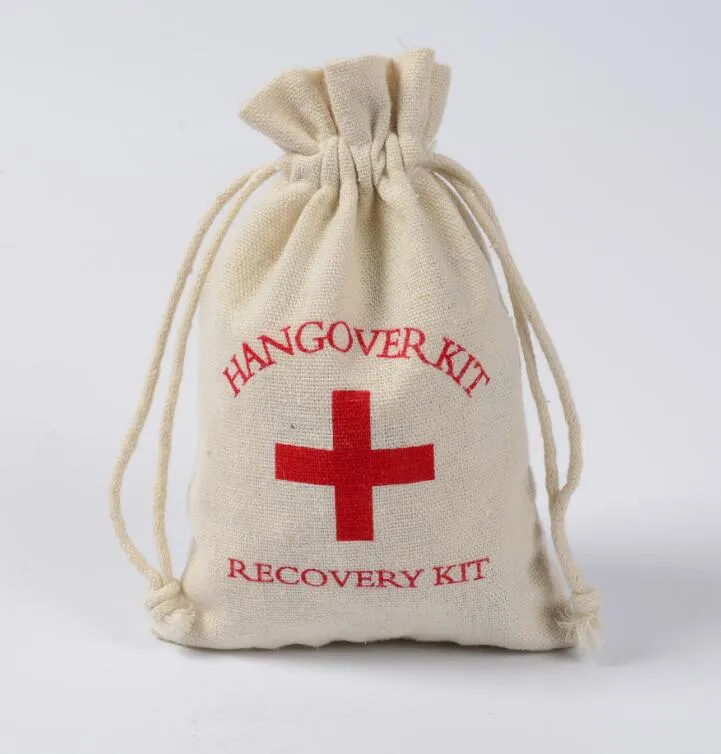 100PCS HANGOVER KITS BAGS 10x14cm Bröllopsfavorithållare Bag Röda Korset Muslin Bomull Linen Presentväskor Återställning Survival Kit Event Party Leverantör