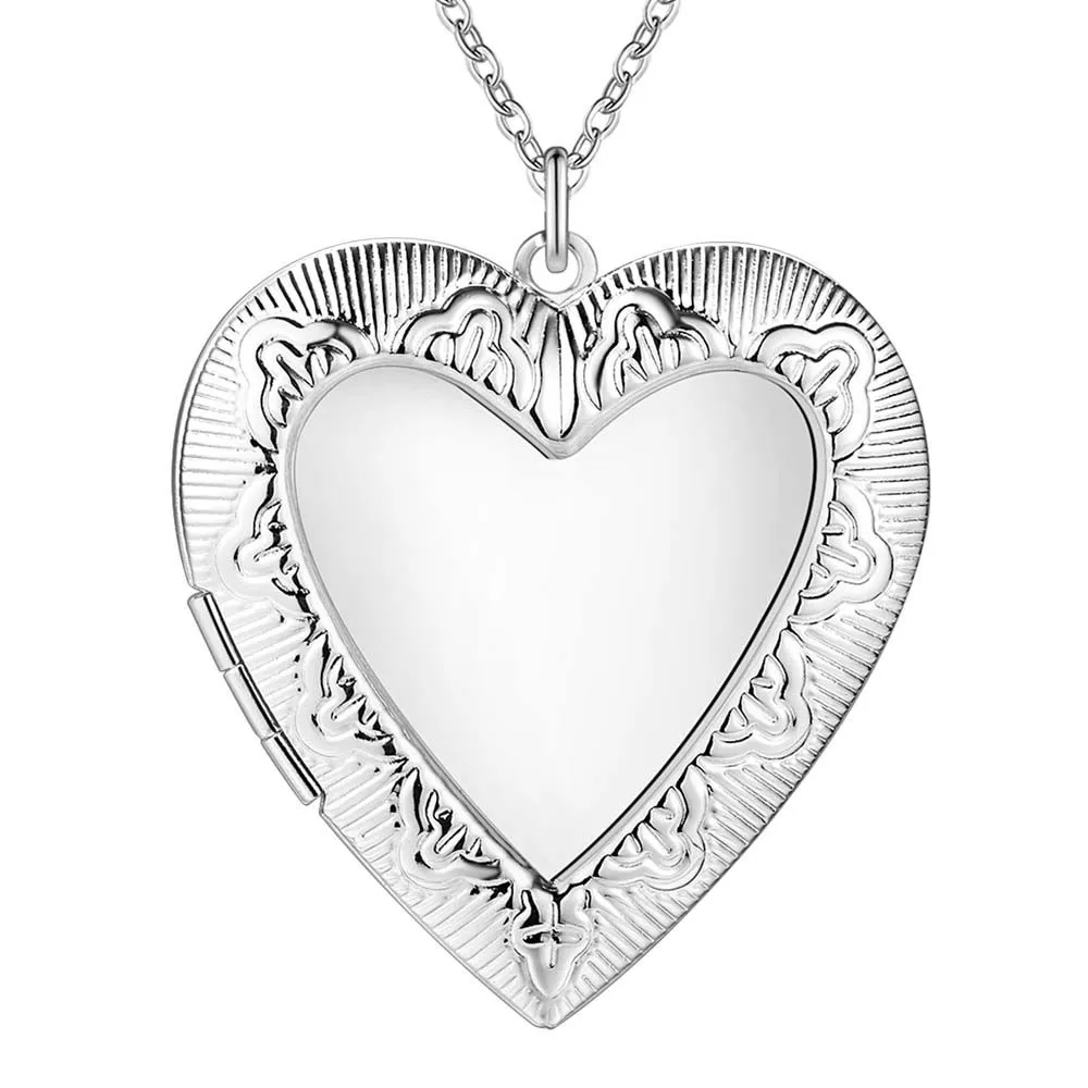 Fabrikspris Partihandel 925 Sterling Silver Plated Heart Pendant Locket Halsband Mode Smycken För Kvinnor Alla hjärtans dag Gratis frakt