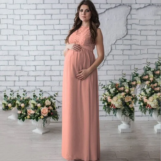 민소매 여름 새로운 출산 레이스 드레스 여성 의류 사진의 소품 우아한 임신 긴 핑크 드레스
