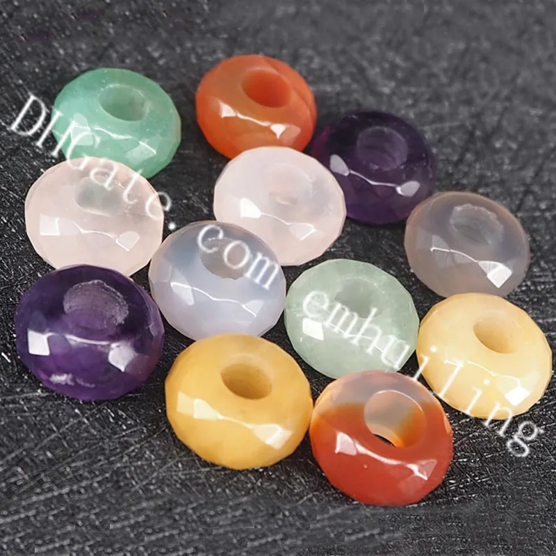 30Pcs 8*14mm Faceted Drilled 5mm Big Hole Natural Quartz Crystal Flat Beads Genuine Amethyst Carnelian Agate Rose Quartz Stone Carved Donut