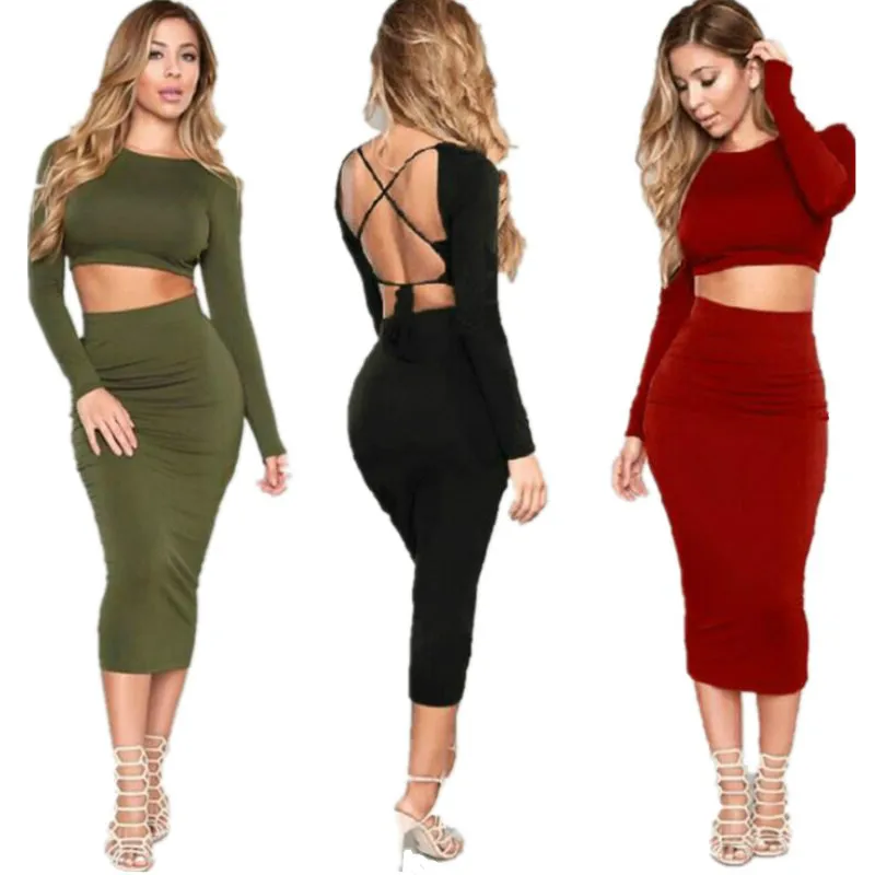 High Quality Women 2 Two Piece Set Bandage Dress 2018 New Style Fashion Long Sleeve Sexy Evening Party Dress Vestido Midi Pencil dress