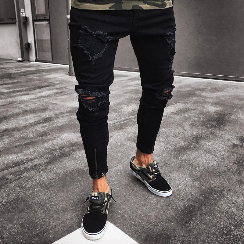 Hommes Cool Designer marque noir jean maigre déchiré détruit Stretch coupe ajustée Hop Hop pantalon avec des trous pour les hommes