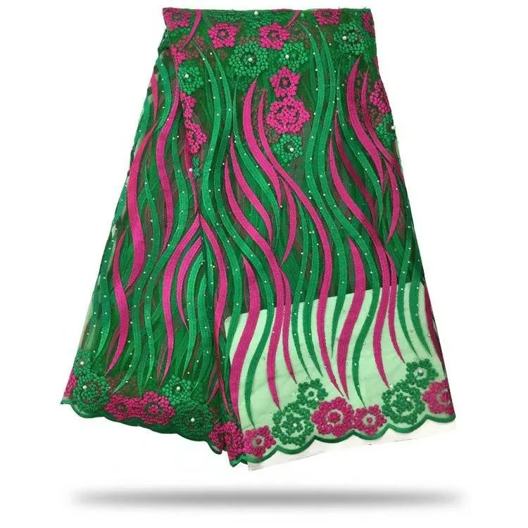 5 yardas/pc hermoso bordado verde y fucsia encaje de red francés con diamantes de imitación tela de encaje de malla africana para vestido CF8-7