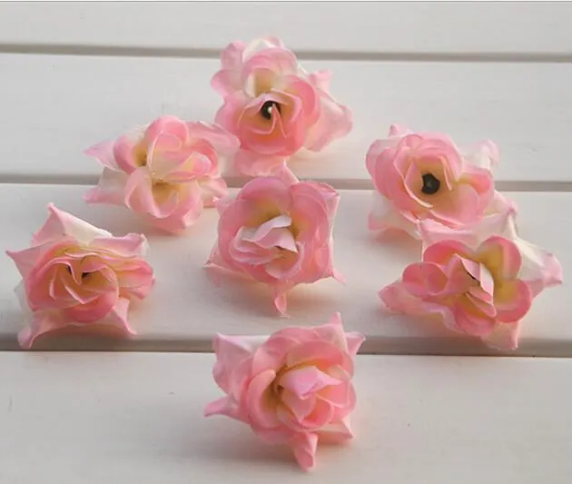 100 unids por lote Simulación Artificial Camellia de Seda Rose Cabeza de La Flor de La Boda 4 cm Bricolaje Broche de la Cabeza Anillo