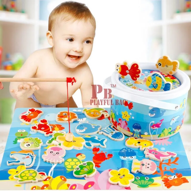 Magnetic Fishing Wooden Toys For Children Playing Jigsaw Puzzle In Simulation Of Parent-child Game Gift