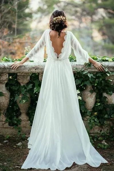 Long Sleeve Boho Wedding Dress, Open Back Lace Boat Neck Wedding