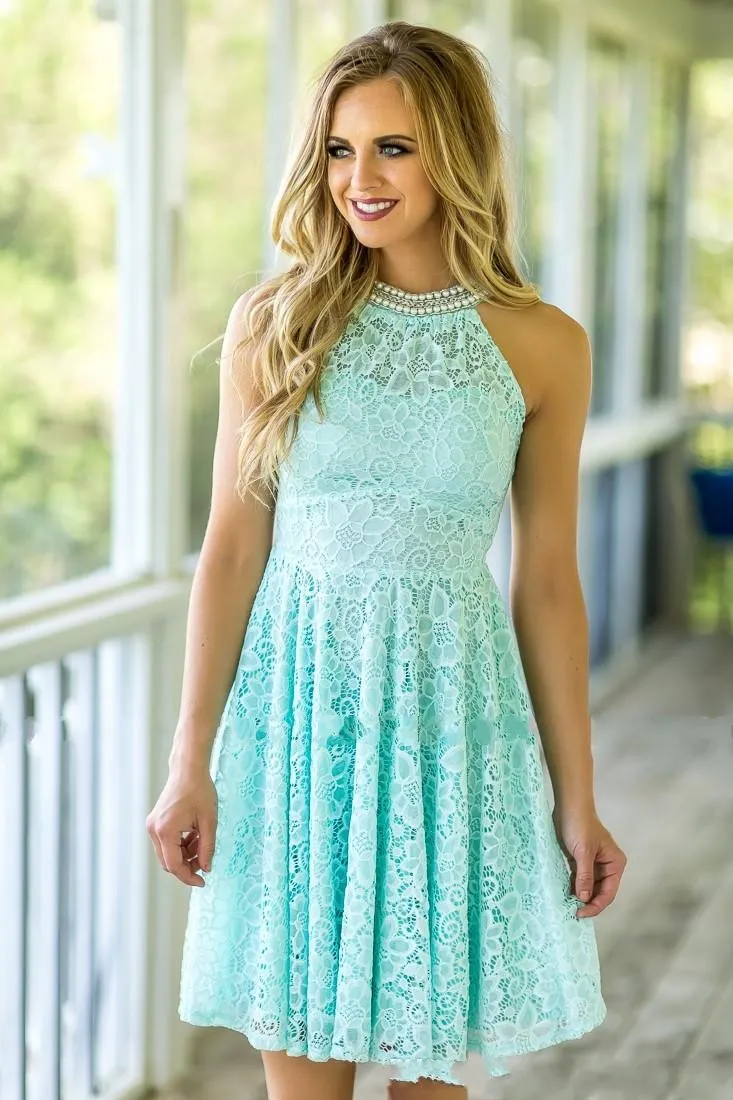 2020 Country Mint Bridesmaid Dresses For Weddings Beach High Neck Pearls Full Lace Short Mini Zipper Back Maid of Honor Wedding Guest Gowns