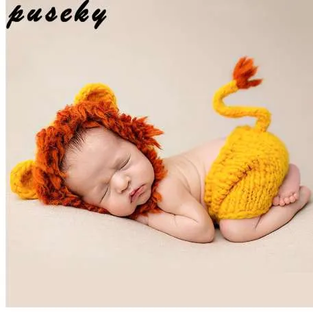 Puseky 크로 셰 뜨개질 신생아 사진 소품 유아 의상 복장 귀여운 아기 모자 의상 세트 동물 사자 베이비 의류 액세서리