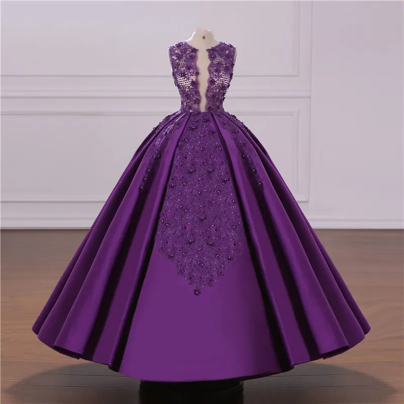 African Deep-Purple Elegant Evening Dresses Beads Lace Applique Ball Gown Satin Party Dress Arabic Dubai Glamorous Celebrity 2018 Prom Dress