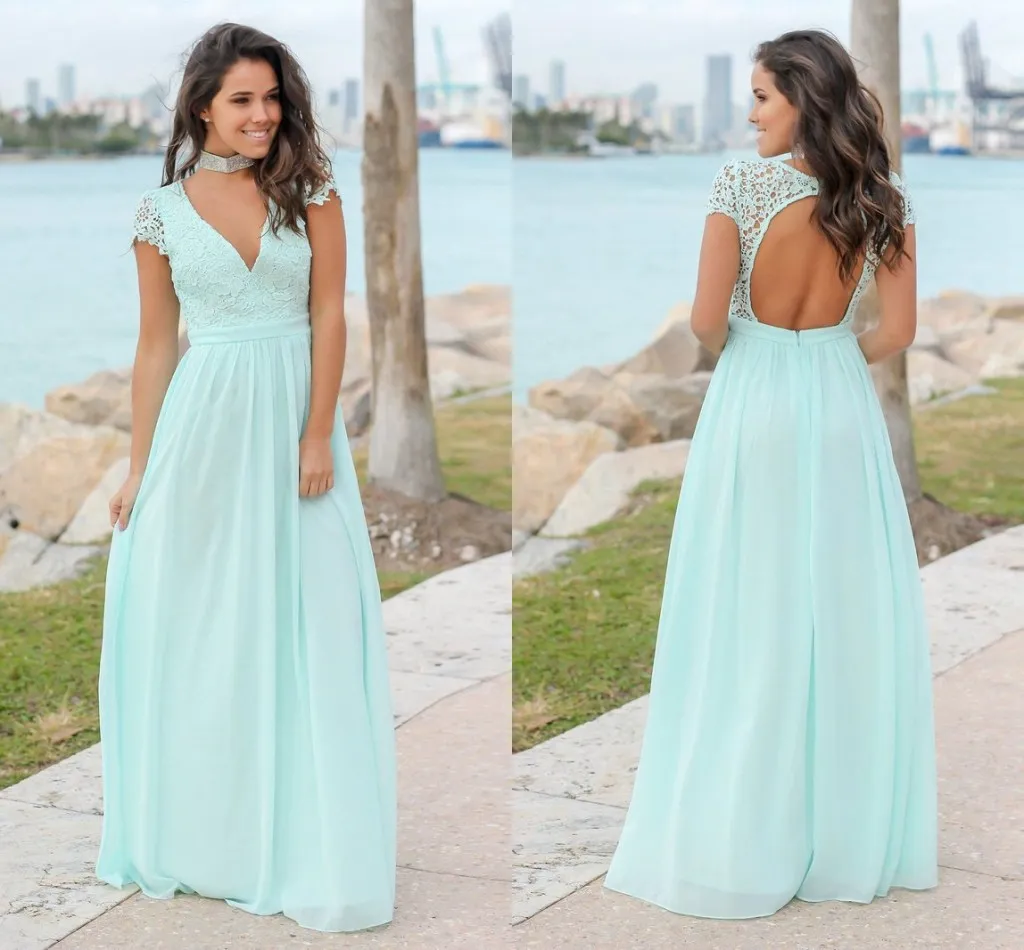 Mint Green Lace Chiffon Bridesmaid Dresses V Neck Cap Sleeves Open Back Floor Length Bridesmaid Gowns Wedding Guest Dress Party Dresses