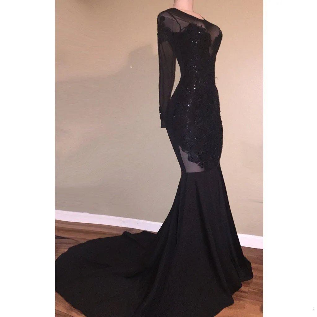 Gorąca sprzedaż Elegancka Czarna Illusion Prom Dresses 2018 Nowa Sexy Backless Mermaid Długie Rękawy Długie Wieczorowe Suknie Party z aplikacjami Zroszony