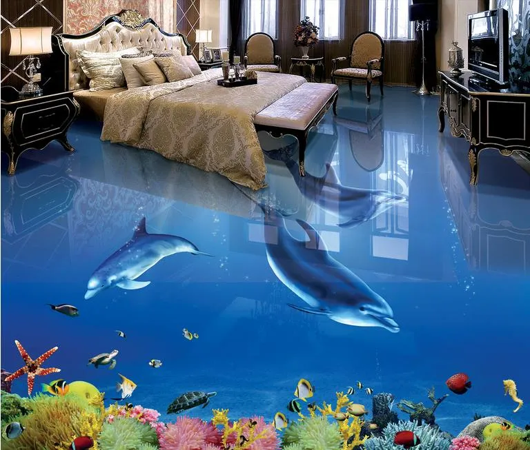 3D PCV Flooring Wodoodporne samoprzylepne malowidła ścienne Papier niestandardowy Dolphin 3d Płytki podłogowe do łazienki