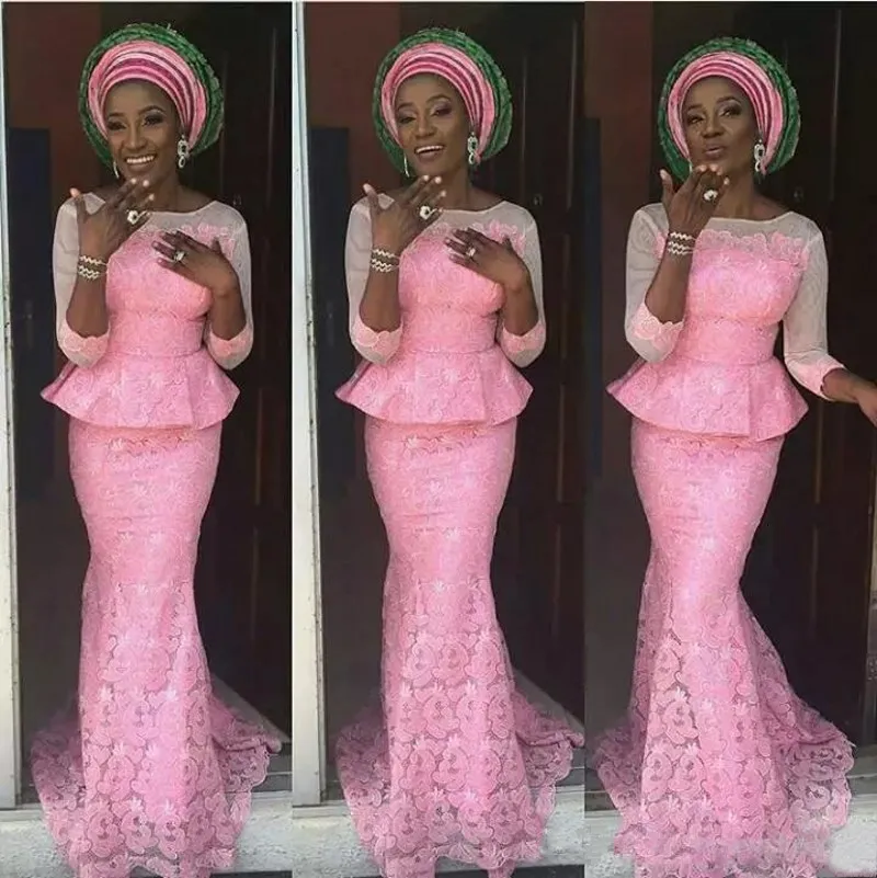 2018 Nigeryjski Sukienki Wieczorne zużycie z rękawami Scoop Neck Mermaid Peplum Pink Lace African Prom Dresses