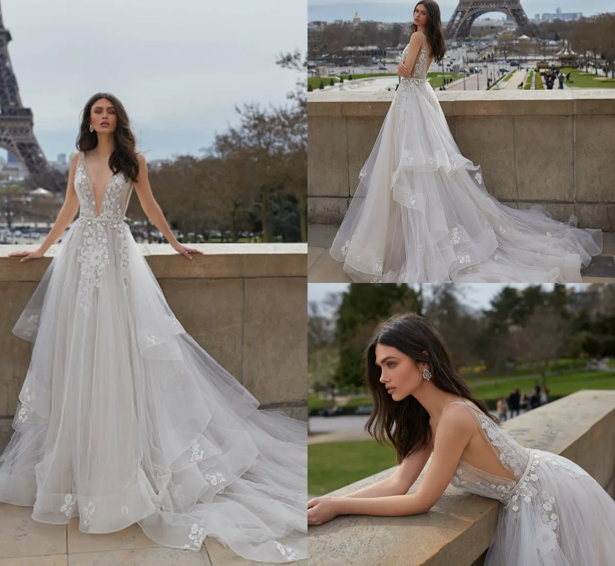 V-Neck Backless Tiered Wedding Dress