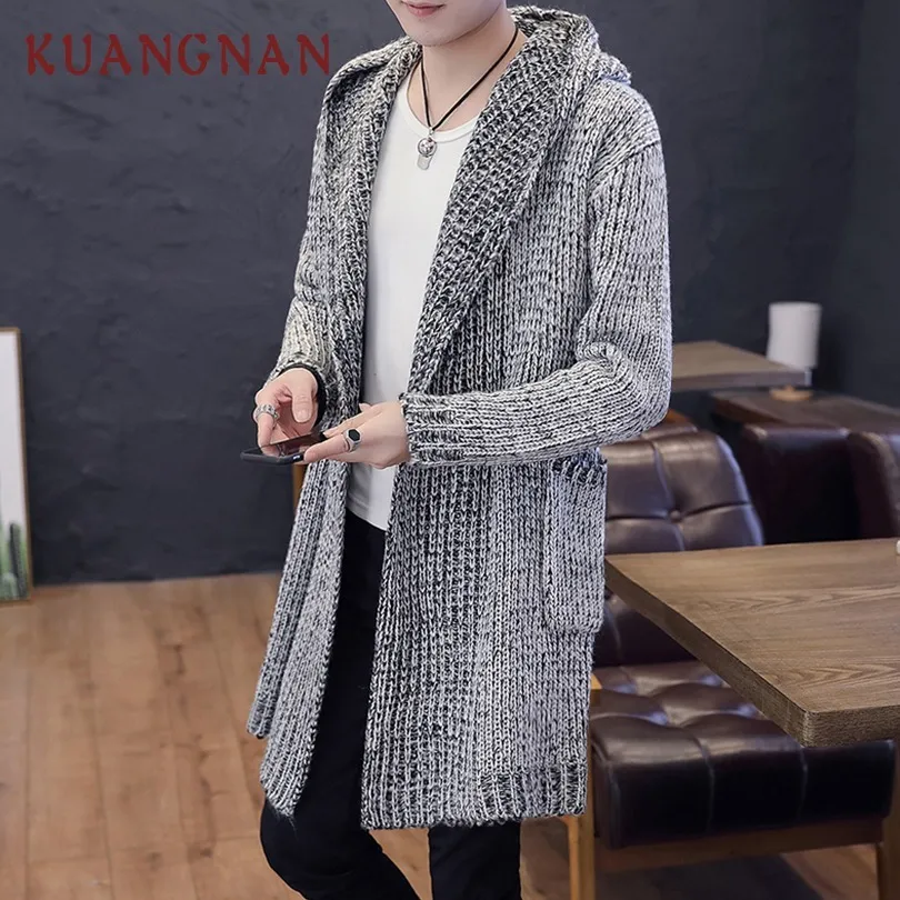 Kuangnan sólido largo cardigan hombres suéter punto de punto invierno con  capucha cardigan hombres suéter hombre largo para hombre cardigans suéter