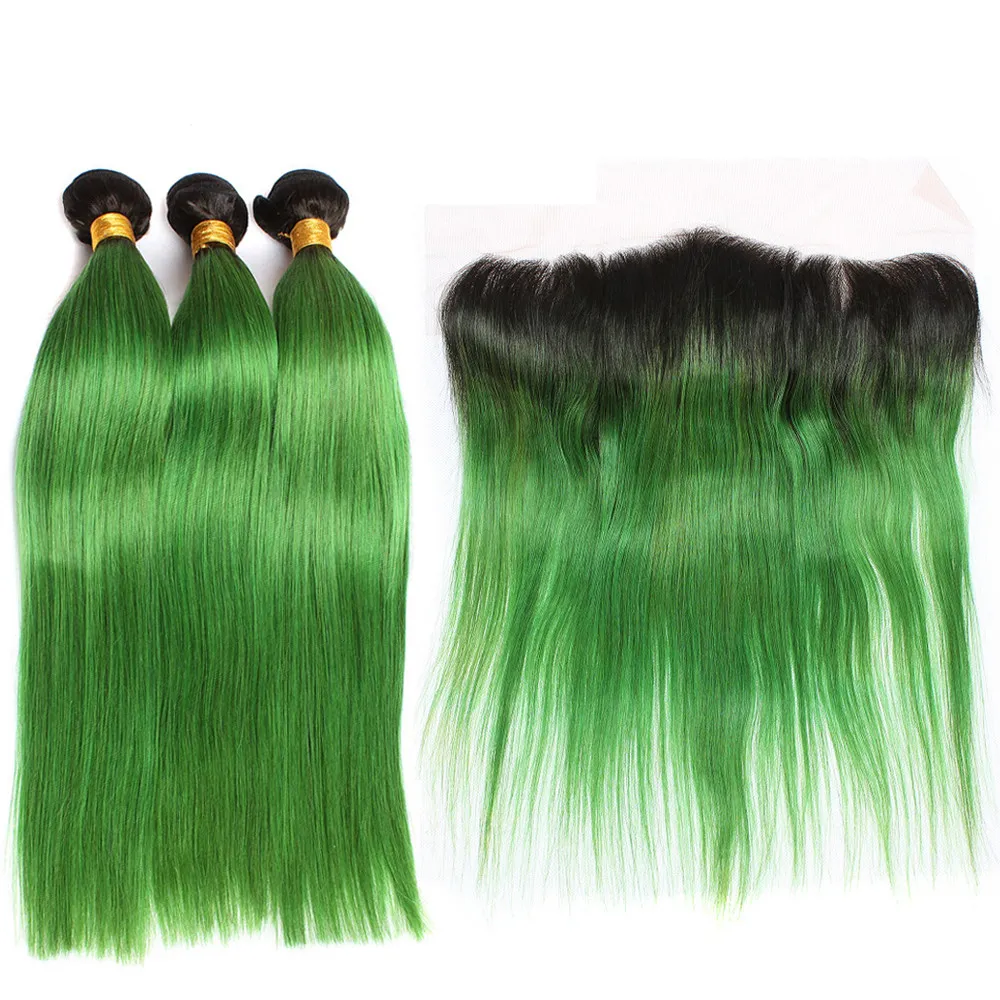 Virgem Peruano Ombre Verde Cabelo Humano Tece Extensões com Fechamento Frontal Em Linha Reta 1B / Cabelo Verde Ombre Feixes com Laço Frontal 13x4