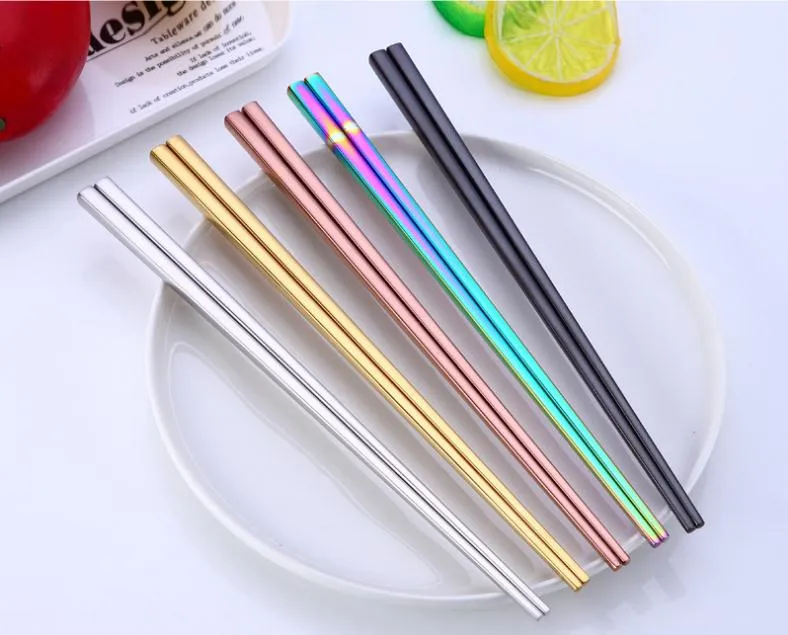 Glänsande titanpläterade ätpinnar Anti Scalding High-Grade 304 Rostfritt Stål Rainbow Golden Black Square Chopsticks