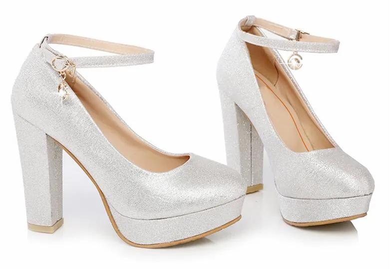 Silverplattform Chunky Heel Ankelband Bröllopsskor Glitterpumpar Brudtärna Party Prom Har stor storlek 34 till 40 41 42