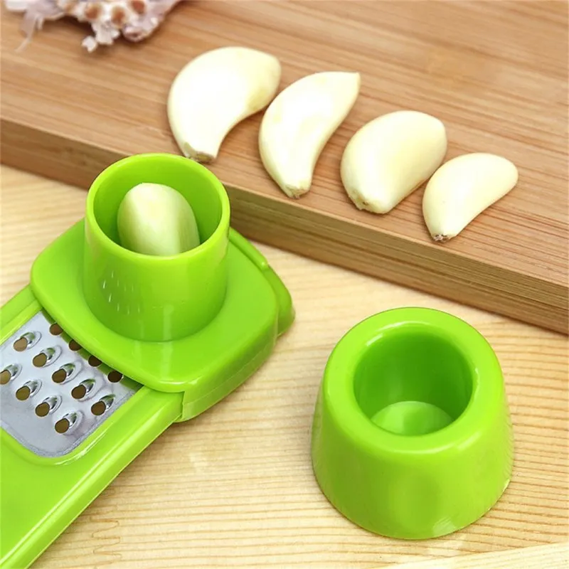 Multifunction Plastic and Stainless Steel Garlic Press Mini Ginger Grinding Grater Garlic Crusher Peeler Press Grater Slicer Cutter