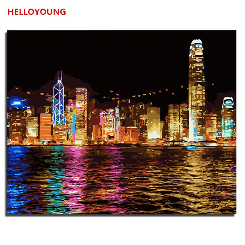 Helloyoung DIY Handpainted Yağlıboya Hong Kong Gece Dijital Boyama Numaraları Yağlıboyalar Çin Kaydırma Resimlerinde