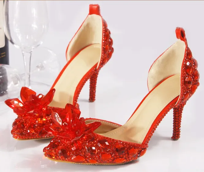 Wspaniałe Kryształowe Ślubne Buty Ślubne Rhinestone 8 CM Princess Red Srebrny Kolorowe Formalne Party Prom Buty Szpiczasty Toe Kobiety Pompy