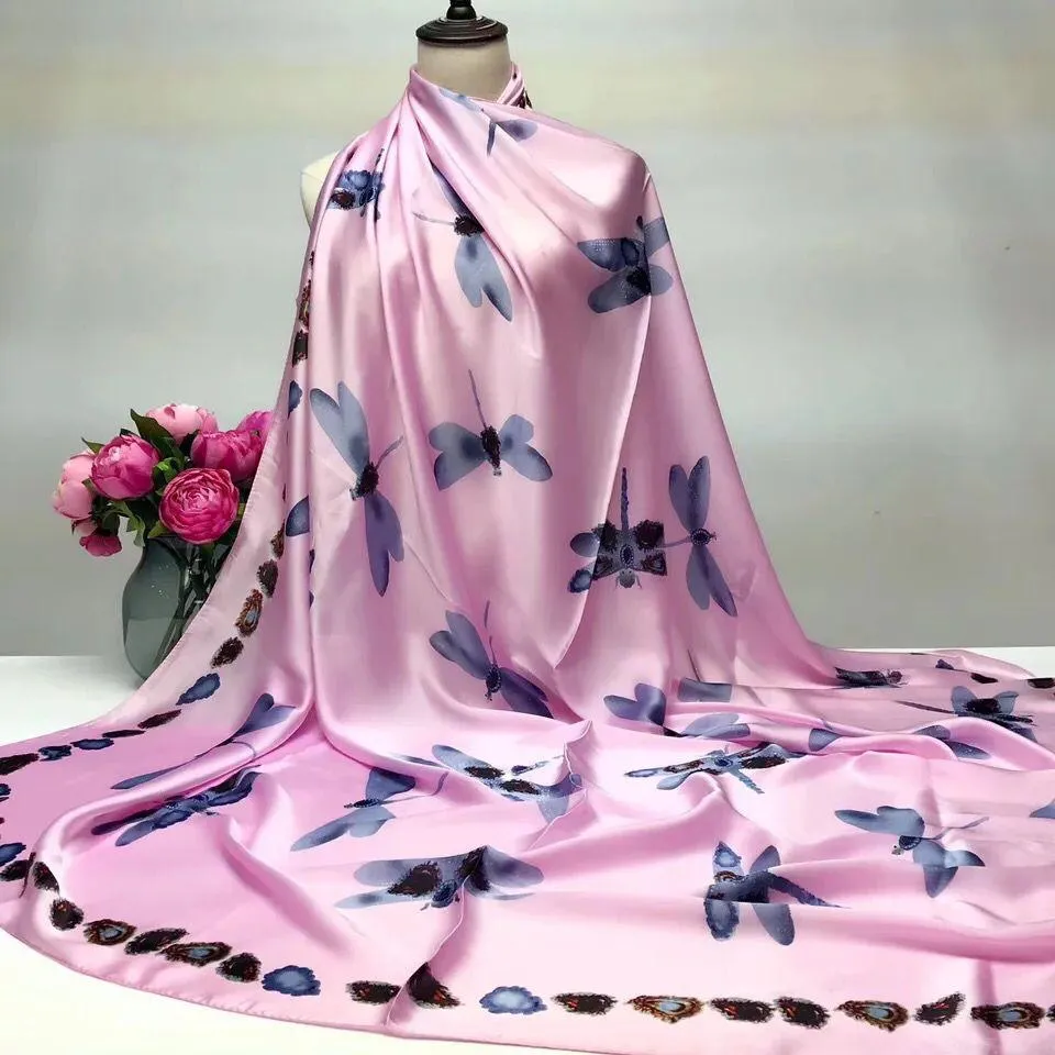 2018 Seidensatin, quadratischer Schal für Damen, bedruckt, Hijab, langer Wickelschal, Libelle, elegante Mode, weich, 140 140269F
