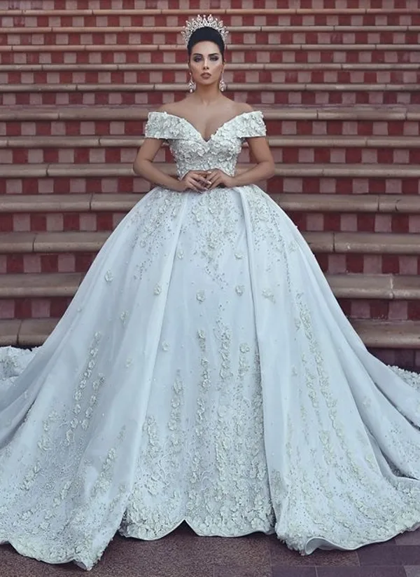 Dubai Plus size Arabische jurken kant off schouder 3D bloemen applique trouwjurk bruidsjurken vestido de novia