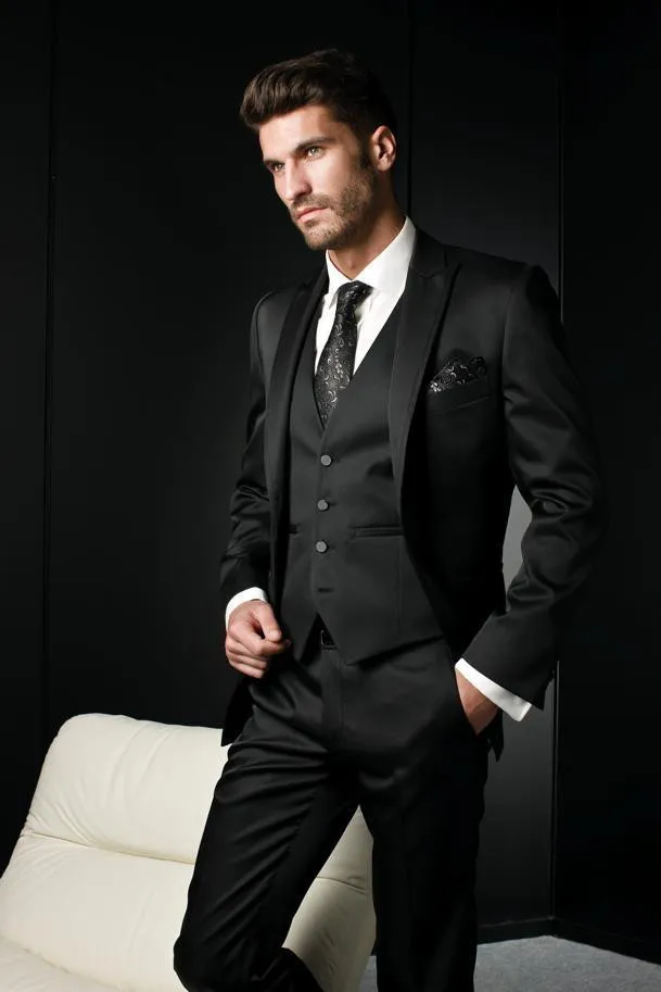 2018 Custom Made Damat Düğün Suit Parti Blazer Slim Fit Mens Parlak Siyah Damat Smokin Sağdıç erkek Düğün Suits