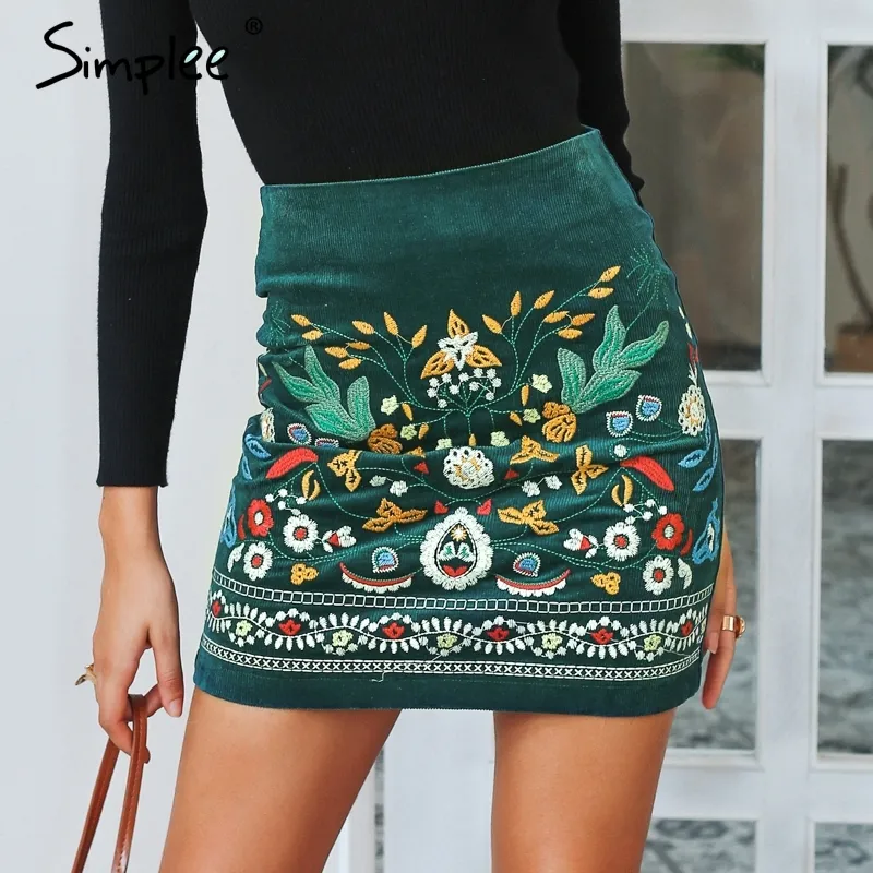 Simplee High Waist Corduroy Skirts Womens 바닥 짧은 Boho 스타일 세련된 연필 치마 여성 자수 가을 섹시한 미니 스커트 C18111301