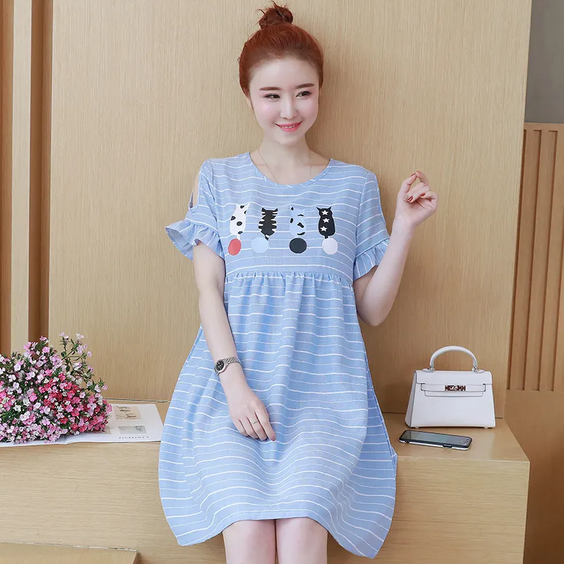 Cartoon Printed Striped Maternity Nursing Dress Summer Fashion Breastfeeding Clothes for Pregnant Women Pregnancy Clothing