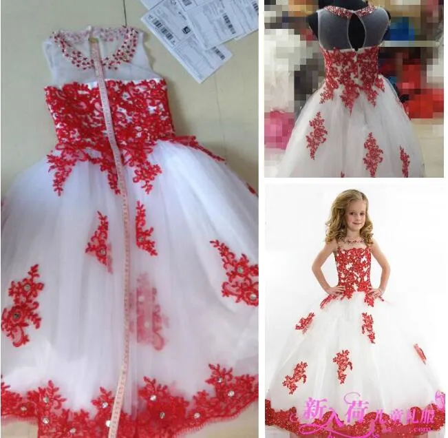 BALL GOWNTODDLER Jewel White Tule en Rode Kanten Applique met Crystal Beadings Pageant Jurken voor Meisjes Bloem Meisjes Jurken